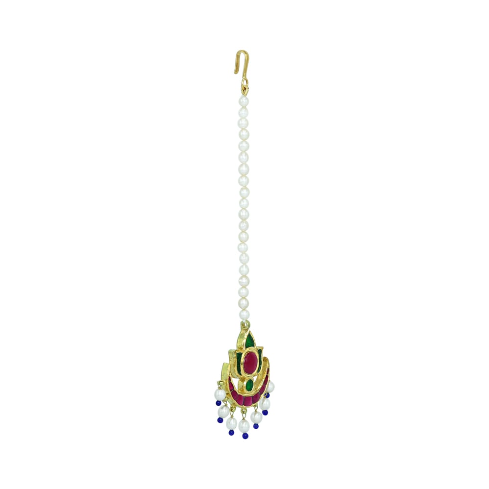 Crescent Cabochon Mangtikka with Red-Green Stones and Pearls